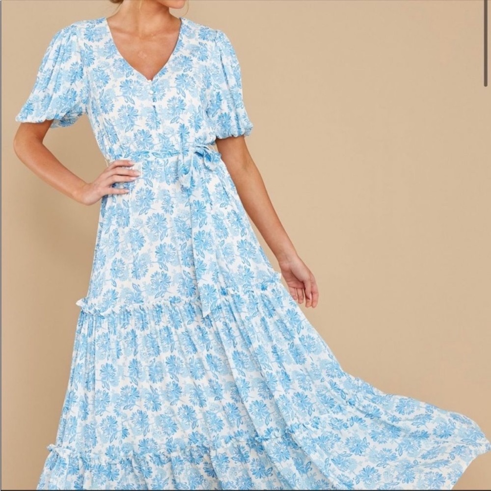 Aura White and Blue Floral Print Maxi Dress from Red Dress Boutique